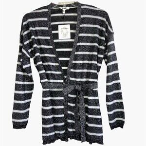 KOTON S Black & White Sparkle Open Neck Peplum Tie Knit Tunic Top Duster Cardiga